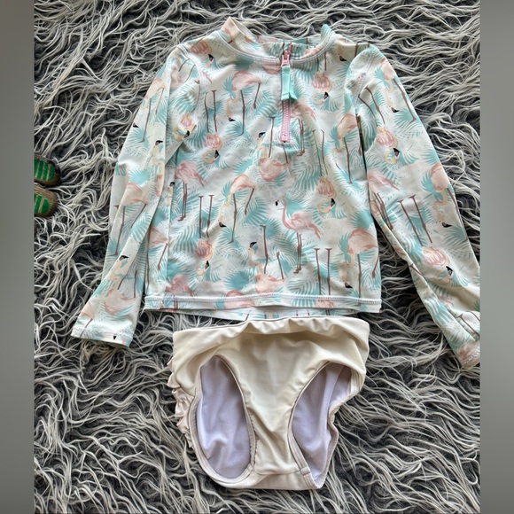 RUFFLE BUTTS Girl Vibrant Flamingo Rash Guard Ruffle Swimsuit Swim Blue 5. - Picture 1 of 4